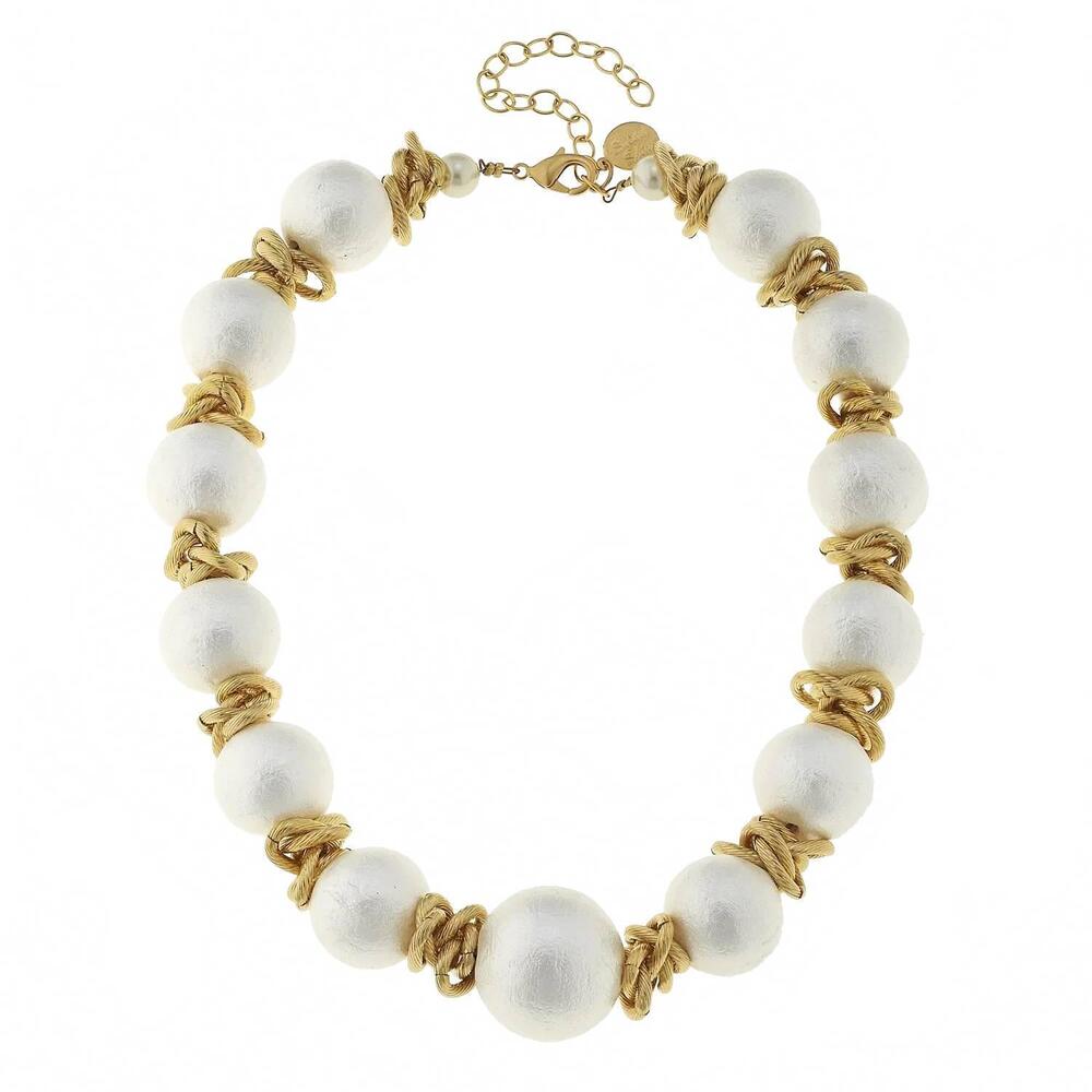 NEW SUSAN SHAW cotton pearl link necklace in white